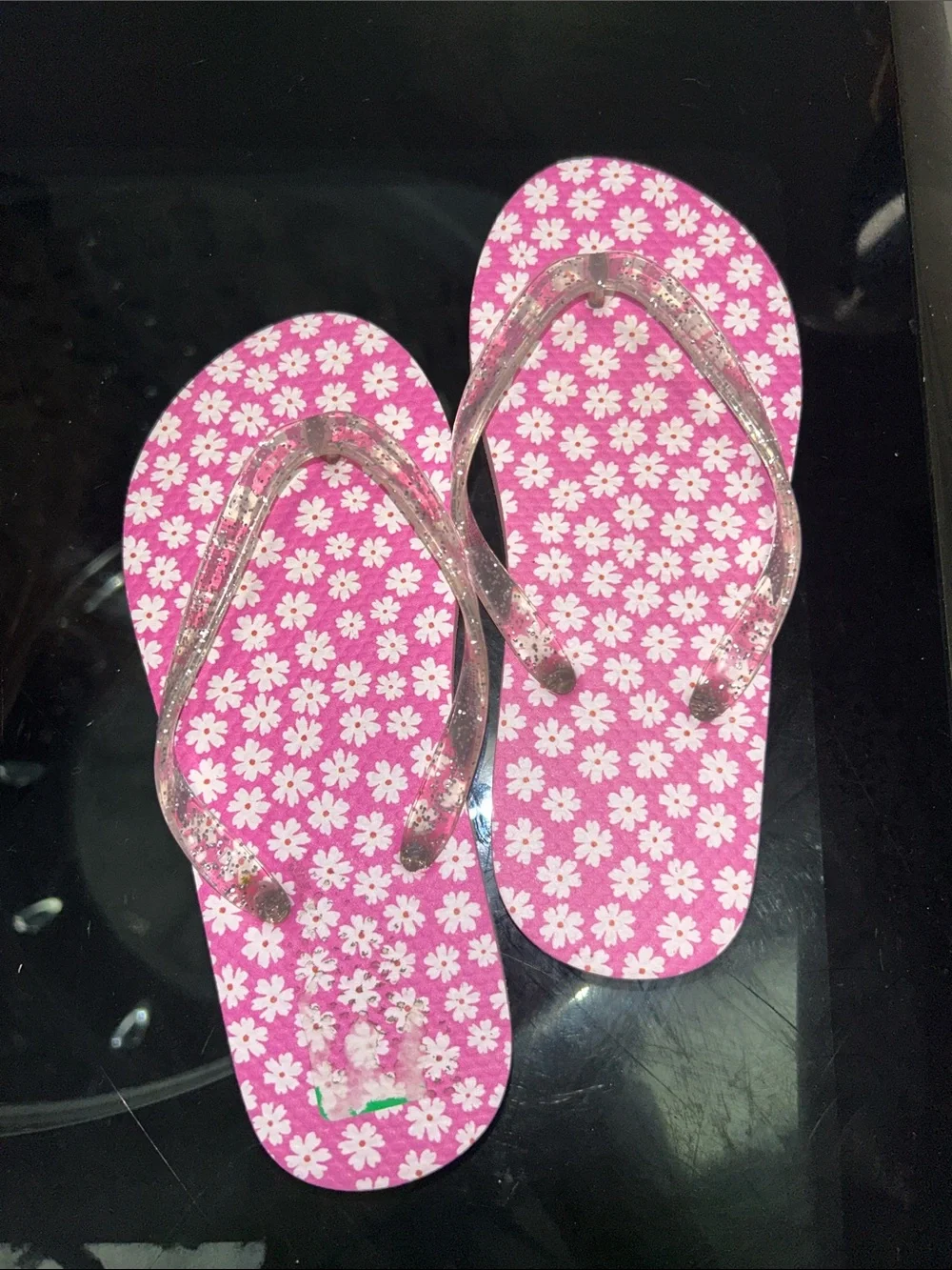 GAP Pink Floral Girls' Flip Flops  Clear Glitter Straps New never worn 11/12 c